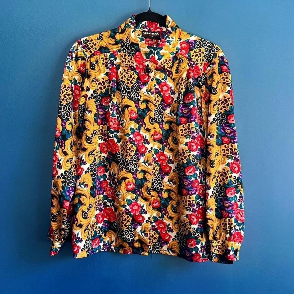 Vintage‎ 80s Blouse Women's Size Large Petite Notations Gold Floral Button Retro